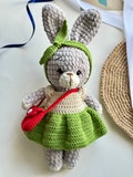 Stuffed rabbit plush in green dress, crochet plushie hare with bag, cute amigurumi bunny, rabbit toy, baby shower gift, Valentines day gift