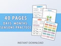 40 Pages Days, Months & Seasons Practice Worksheets for Kids Preschool Kindergarten Homeschool - Trace and Write Printable Activities