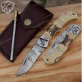Damascus Steel Pocket Knife Hand Forged Folding Knife Deer Antler & Camel Bone Handle Groomsman Gift Wedding Anniversary Gift Idea