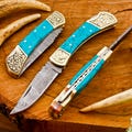 Damascus Pocket Folding Knife, Stone and Brass Handle, Best Christmas Gift 2024, Antique Pocket Knife, Gift for Him, Wedding Gift for Men