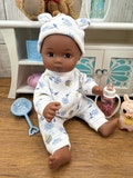 Buzzy Bees Sleeper Romper, Hat Set for 8" American Girl Little Bitty Baby, 8 inch silicone & Kewpie, OOAK Outfit Baby Doll Clothes
