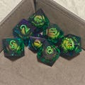 Green Dragon's Eye Dice, Handmade Liquid Core DnD Dice, Liquid Core Resin Dice, Polyhedral Dice, DnD Dice Set, Sharp Edge Dice Set