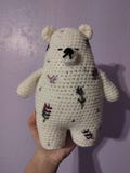 Crochet lavender embroidered bear| handmade| embroidery| white bear| cute| flowers| flower pattern| flower design| stuffed animal| floral