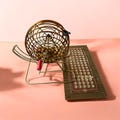Vintage Bingo Ball Cage with ALL Wood Balls Holder Complete Gambling Decor Display - J
