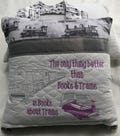 Childs book pocket pillow embroidered steam train arrows white black fleece back reading quote birthday Christmas gift silver satin trim