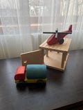 Set of eco toys made of natural wood. A personalized gift for a child for any holiday. The set includes: a fire engine, a rotorcraft