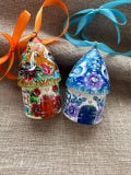 Larks Couple, Blue Bird, 2 Ukrainian Wooden Houses, Hanging Painted Christmas Ornament, Toys, Handmade Petrikivka Art, Wall Home Decor