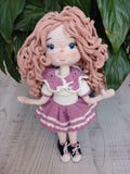 Handmade Crochet Doll – Pink Dress, Curly Hair, Amigurumi Art Doll, Collectible Gift for Kids and Adults