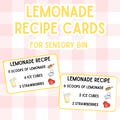 Lemonade Recipe Cards for Sensory Bin. Recipe Cards for Sensory Toy, Sensory Bin Printables. Sensory Bin for Kids. Seasonal Sensory Ideas