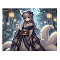 A cat girl in a kimono lit up by the moonlit night Jigsaw Puzzle with Tin