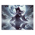 Jigsaw Puzzle, bewitching monster cat-eared girl floating on water under moonlight, Halloween puzzle, spooky cat lady puzzle, fantasy