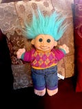 1990s Large Troll Doll, "Tyler" Russ Toys, Blue Hair, Argyle Sweater, Jeans, About 14" With Hair, Russ Troll Kidz Doll #2358