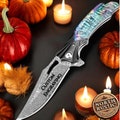 Abalone Damascus Folding Knife, Engraved Pocket Knife Gift, Personalized Knives Groomsmen Gifts, Wedding Anniversary Gift, Sea Shell Knife